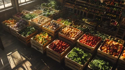 Keuken spatwand met foto A high-angle view capturing a vast display of assorted fruits and vegetables neatly packed in wooden crates © Ilia Nesolenyi