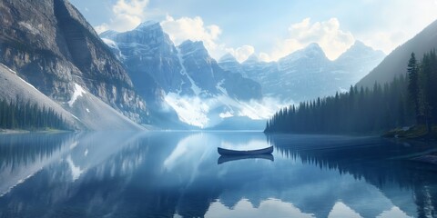 A tranquil mountain lake reflects the surrounding peaks and forests with a solitary canoe in the center - obrazy, fototapety, plakaty