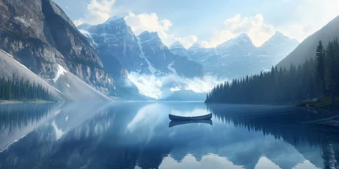 Foto op Canvas A tranquil mountain lake reflects the surrounding peaks and forests with a solitary canoe in the center © gunzexx