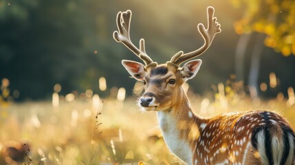 a deer with antlers in a field - Powered by Adobe
