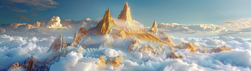 Close-up delight: A mountain made of golden, contrasted with the blue sky surrounded by clouds, fantasy in every detail, Surealistic, fantasy