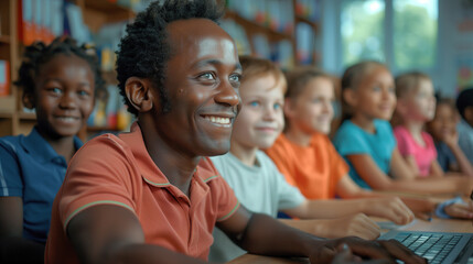 Smiling teacher with students using computer in a diverse classroom setting.