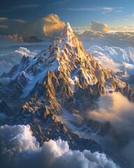Close-up delight: A mountain made of golden, contrasted with the blue sky surrounded by clouds,...