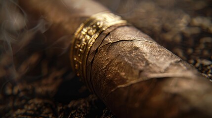 Fototapeta na wymiar Close-up of a cigar resting on a wooden table, showing texture and color details