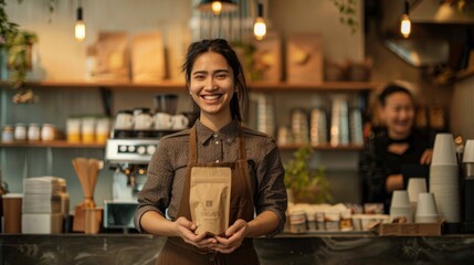A barista proudly stands in front of a counter, holding a recyclable coffee bag at an ecoconscious cafe