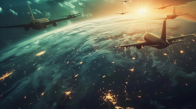 siluetas de aviones rodeando el planeta tierra concepto de viaje global