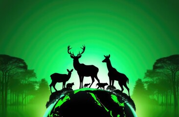 Biodiversity Day,Animals on Green Background,Planet Earth,Deer With Antlers,Silhouettes Of Wild Animals