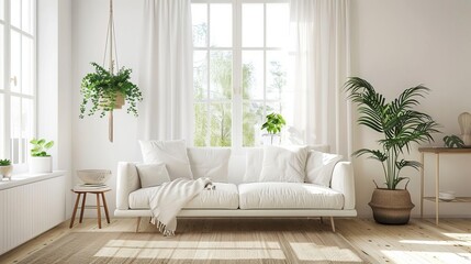 stylish scandinavian living room interior with design sofa plants and decor bright modern home - obrazy, fototapety, plakaty