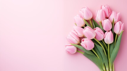 A Bouquet of Delicate Pink Tulips on a Soft Pastel Pink Background