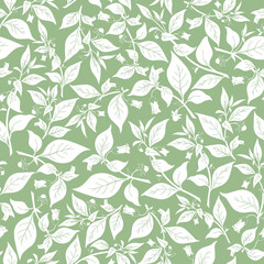 Drawn botanical plants seamlessly repeat. Randomly placed various vector flowers, leaves, illustrations throughout the print on a sage green background.