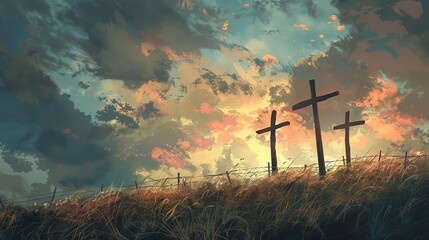 three wooden crosses on a hill good friday christian religious illustration with dramatic sky - obrazy, fototapety, plakaty