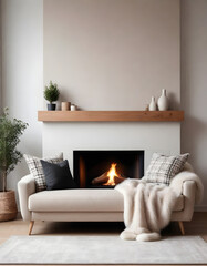 Stylish fireplace near comfortable sofa in cosy living room
