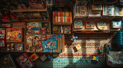 Overhead view of a room filled with various types of vintage toys and board games neatly arranged on a table