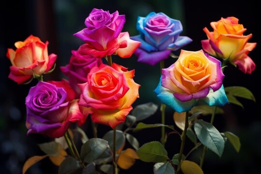 A bouquet of beautiful rainbow roses