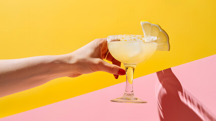 Female hand taking glass of delicious margarita cocktail isolated over pink yellow background...
