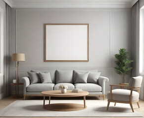 Modern bright interior with empty frame . 3D rendering
