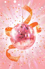 Shiny disco ball with ribbon and confetti on pink background with stars and confetti
