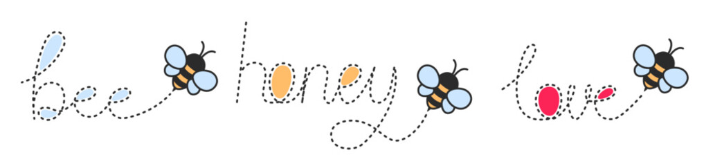 Cartoon cute honeybees flying on a dotted route of words honey, love and bee. Isolated illustration on white background. 
