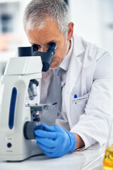 Sample, mature man and microscope in lab for discovery, medical research and test for forensics....