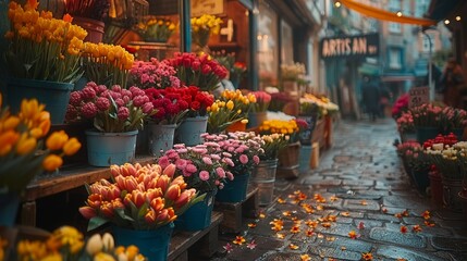 a flower shop with many buckets of flowers - obrazy, fototapety, plakaty