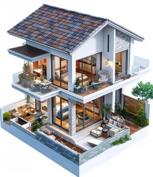 3D rendering of a two-story house with a modern design