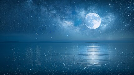 full moon over calm sea with starry night sky