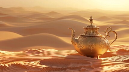 antique oriental gold teapot amidst vast desert dunes surreal concept illustration