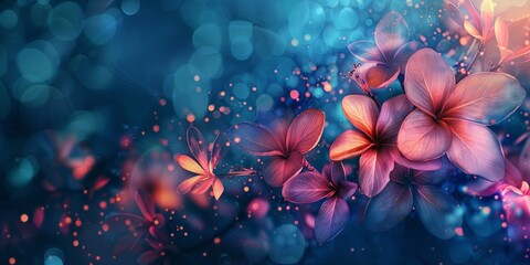 Pink flowers on a dark blue background with sparkles - obrazy, fototapety, plakaty