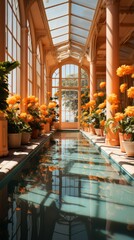 Pristine Orangery with Flowers and Reflecting Pool - obrazy, fototapety, plakaty
