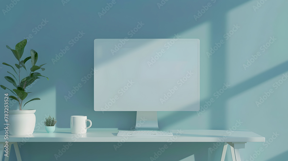 Aufkleber Close up view of creative workspace with blank screen computer mug tree pot and copy space on white table with shelf on light blue wall : Generative AI