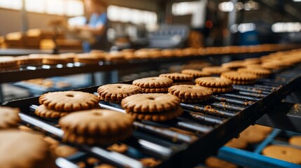 automated production line with conveyor belt making cookies in bakery or confectionery factory - obrazy, fototapety, plakaty