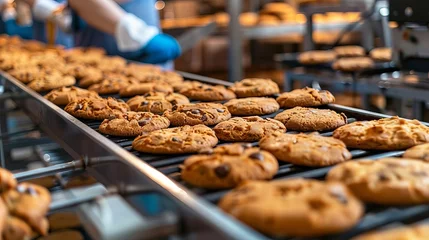 Fotobehang automated production line with conveyor belt making cookies in bakery or confectionery factory © Bijac