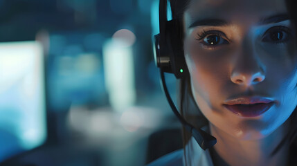 Call center agent with headset working on support hotline in modern office with copy space Portrait of mature positive agent in conversation with customer over headset looking at camer : Generative AI - obrazy, fototapety, plakaty