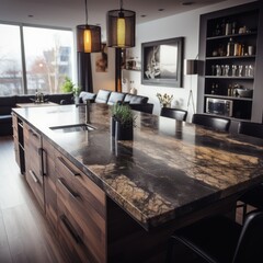 Modern kitchen island with dark marble countertop and wood cabinets