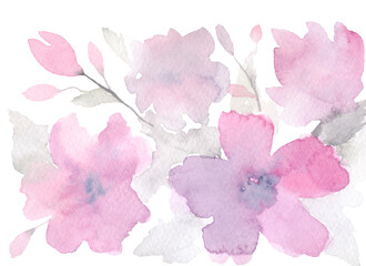 Watercolor illustration of delicate pink lilac flowers and leaves on a white background, hand-drawn. A template for a holiday, invitations, greetings, postcards, weddings. A blooming floral background