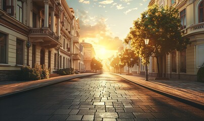 road street with background building architecture luxury, light day, sunrise, cinema photography