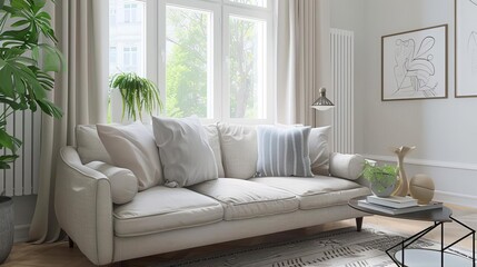 cozy beige sofa in stylish studio apartment interior 3d rendering
