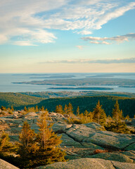 Sunset view from Penobscot Mountain in Acadia National Park on Mount Desert Island, Maine