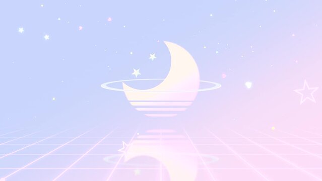 Looped retro synthwave moon and stars on grid floor animation.