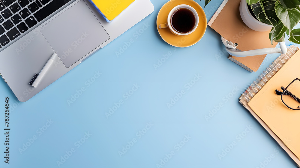 Poster minimal work space creative flat lay photo of workspace desk top view office desk with laptop notebo