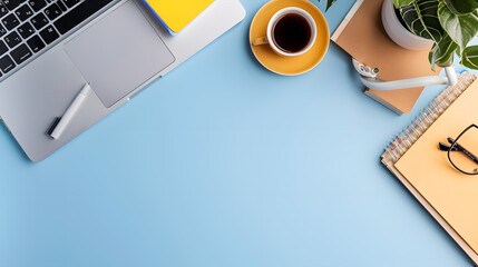 Minimal work space  Creative flat lay photo of workspace desk Top view office desk with laptop notebooks and coffee cup on blue color background Panoramic banner background with copy s : Generative AI