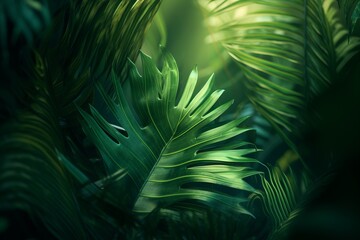 Close-up of lush green tropical leaves in a jungle - obrazy, fototapety, plakaty