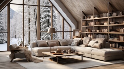 Fototapeta na wymiar A cozy living room with a view of the snowy forest