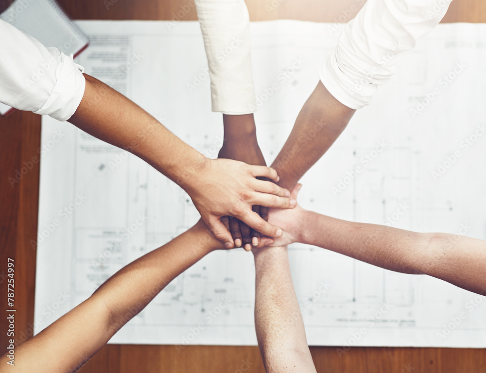 Poster Hands stack, teamwork and architecture planning with blueprint for design meeting, collaboration or about us. Top view of people together, unity and motivation for engineering project by floor plan