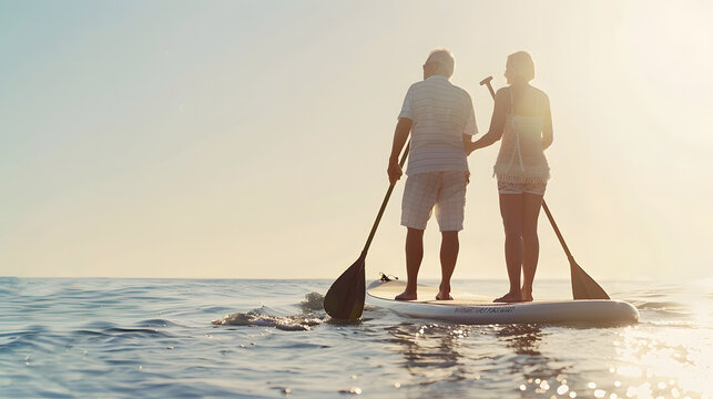 Senior couple on paddle board in ocean : Generative AI