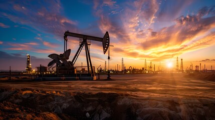 Fototapeta na wymiar Industrial Oil Pump Jack at Sunset with Dramatic Sky, Energy Extraction and Fuel Production Concept with Copy Space. AI