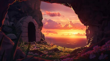 empty tomb of jesus christ at sunrise symbolizing his resurrection and victory over death concept illustration digital painting - obrazy, fototapety, plakaty