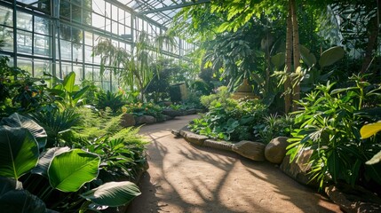 A wide-angle view of a large greenhouse filled with a variety of green plants, including medicinal species, under soft sunlight