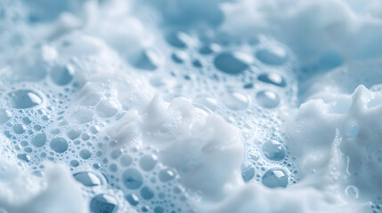 Texture of white foam on a blue background Cleansing mousse for the face or bath foam or washing powder Closeup Copy space : Generative AI