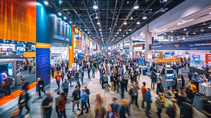 A bustling crowd of people walking around a convention hall at a tech conference or expo - obrazy, fototapety, plakaty